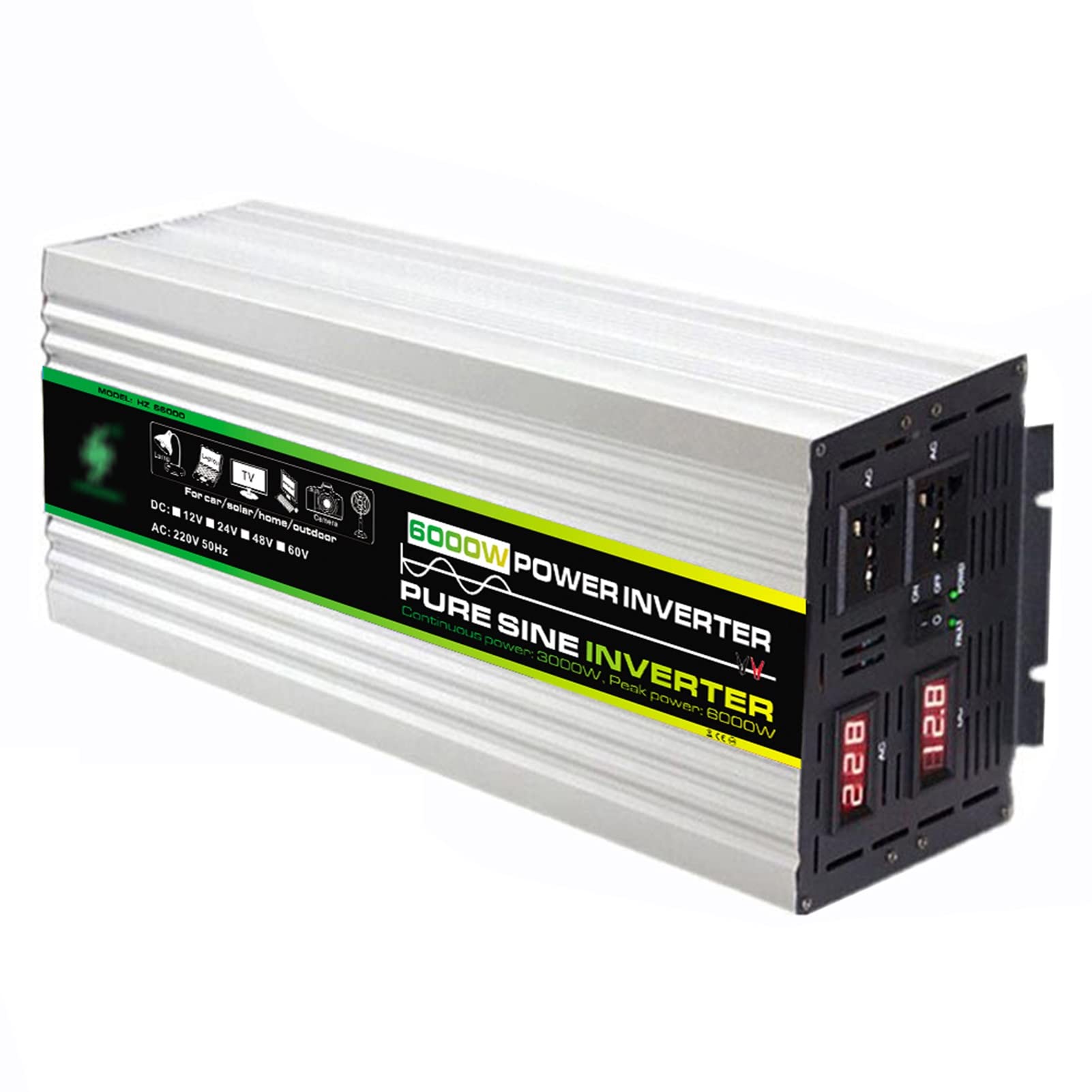 Przetworniki mocy 3000W dla pojazdów DC 12v/24v do 110v/220v AC samochodowy konwerter inwertera, z podwójnym zasilaczem AC, do sprężarki powietrza (Color : 24V, Size : 220V)