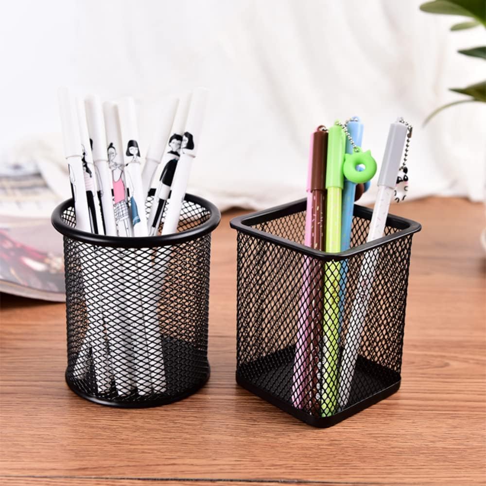 Aryamurti Metal Mesh Pen Holder, Black, Round & Square Cylindrical Design, Anti-Slip Bottom, Desk Organiser for Office Stationery and Sundries (1, Square) 4