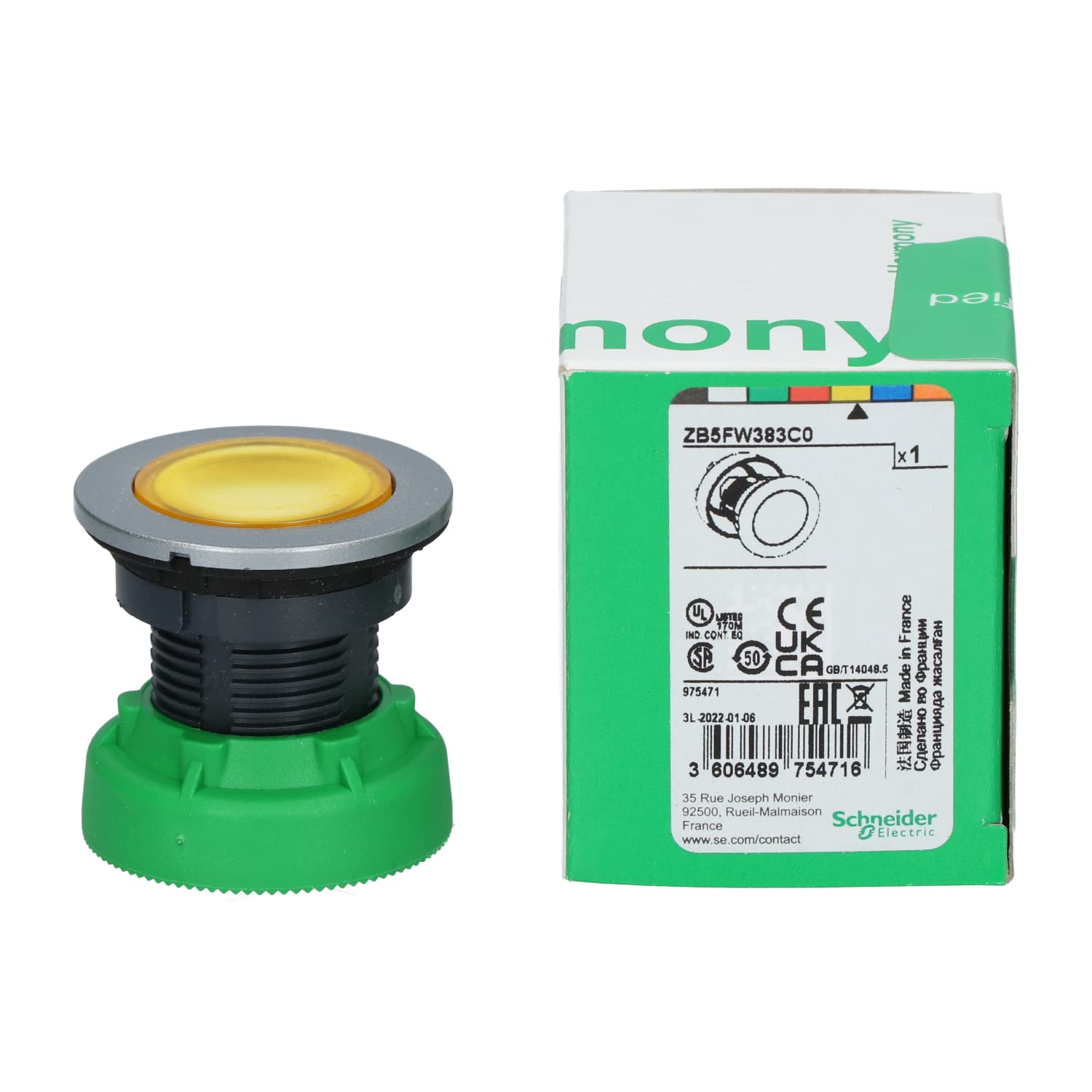 Cabeza pulsador flush amarillo LED collarín gris automatización industrial 22mm