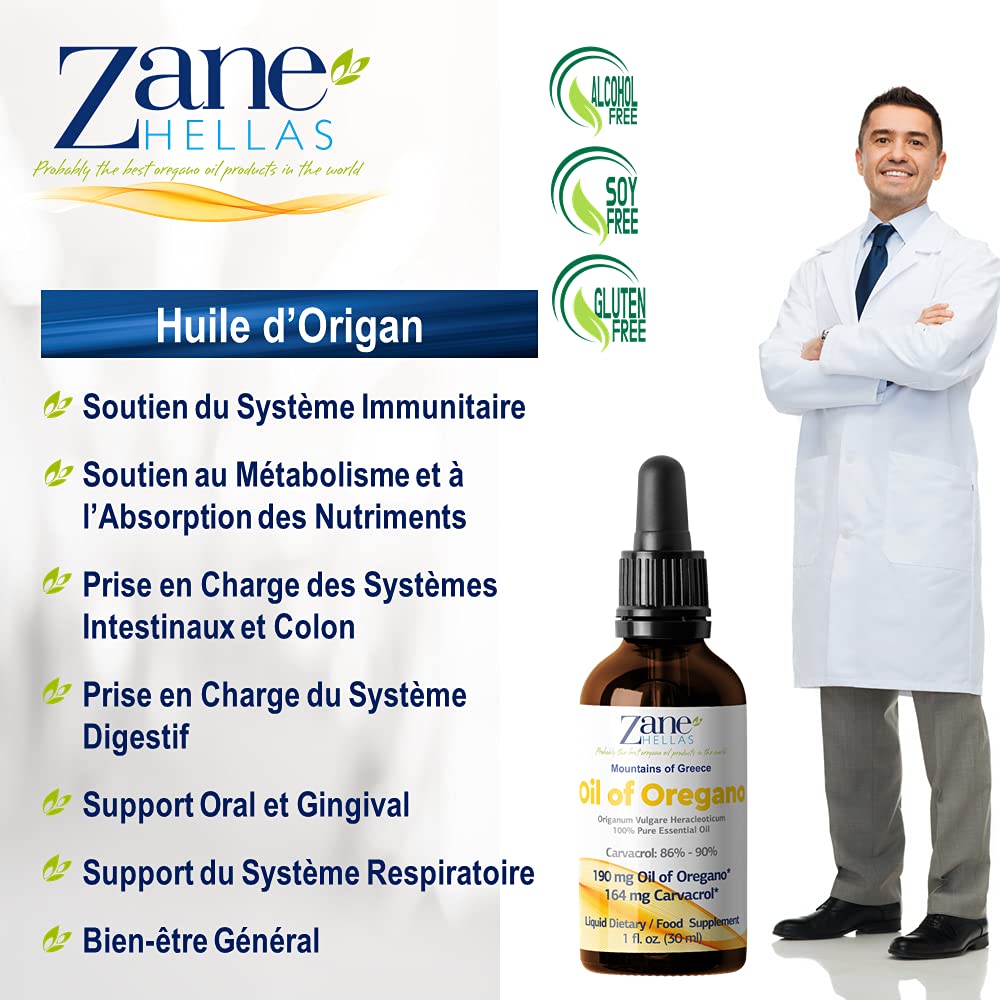 Zane Hellas 100% huile d'origan non diluée.Huile Essentielle Grecque Pure d'Origan.86% Min Carvacrol.164 mg de carvacrol par portion.Probablement la meilleure huile d'origan au monde.1 oz-30ml