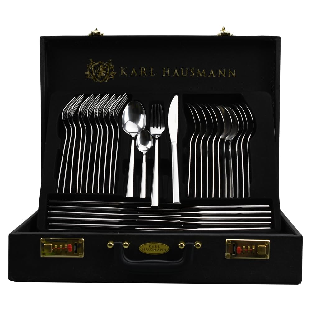 KARL HAUSMANN Cubertería 12 Personas, 72 Piezas Acero Inoxidable 18/0 con Maletín - Juego de Cubiertos con Cuchillos Tenedores Cucharas + Utensilios de Servicio, Pulido Brillante, Apto Lavavajillas