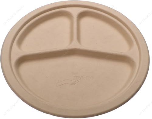 M.V. Trading Platos biodegradables de alta calidad sin árboles, 9 pulgadas, triple compartimento, paquete de 125 platos