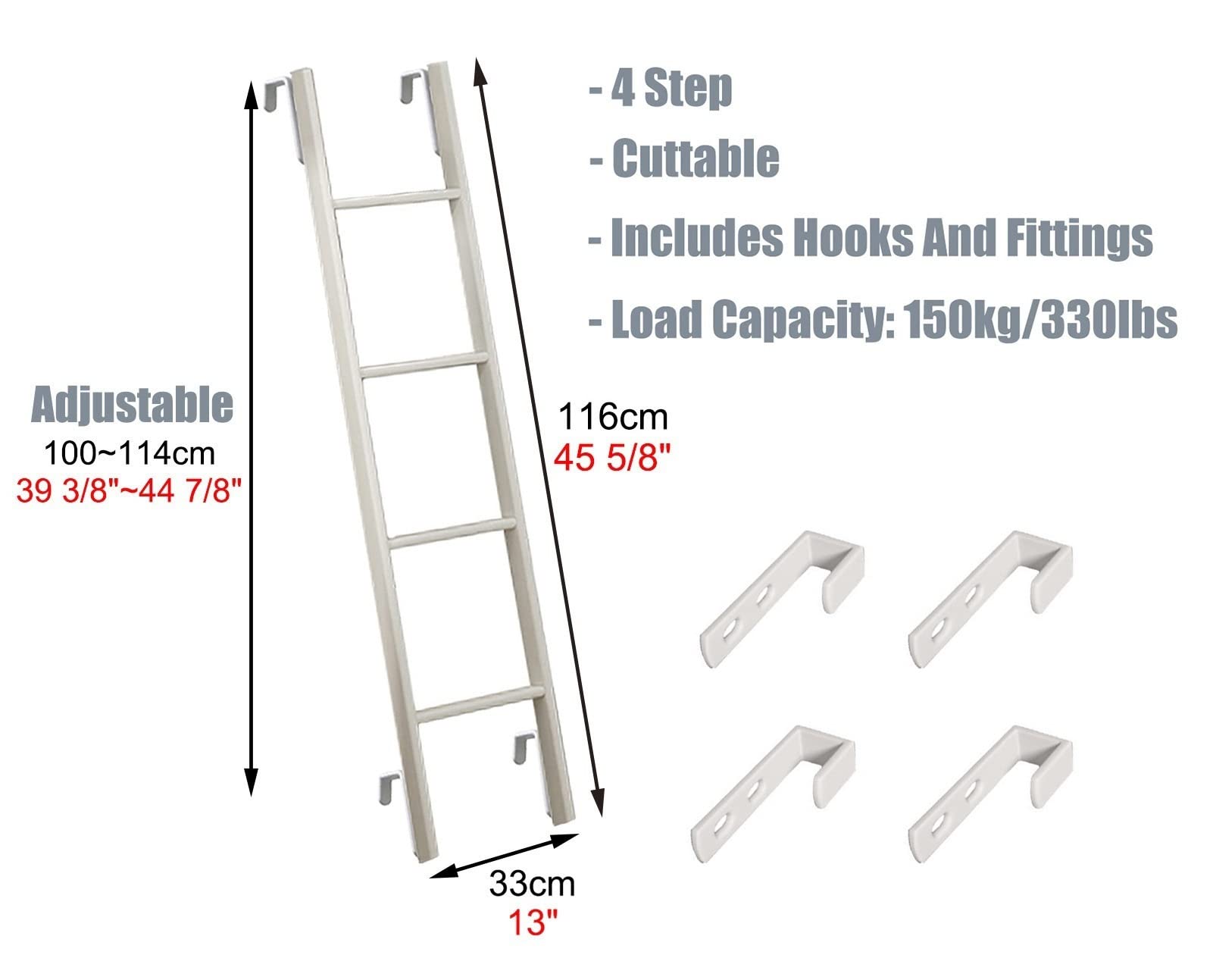 Scaletta regolabile per letto a castello da 114150 cm, ideale per camere da letto Cara, design salvaspazio con gancio, per letti singoli da 116 cm di lunghezza