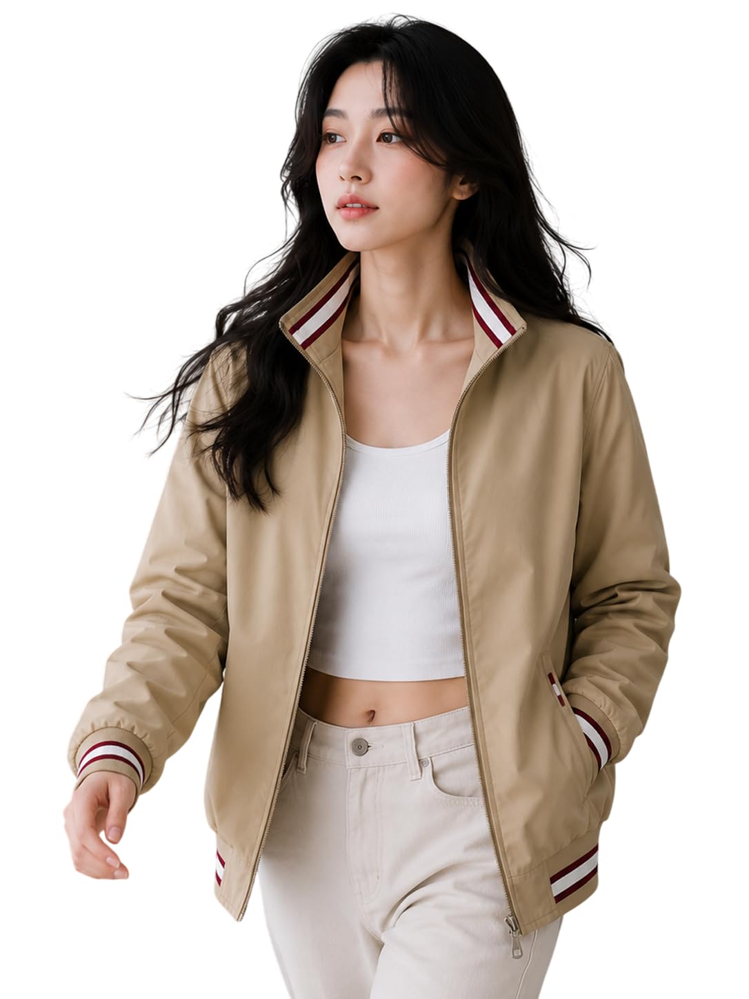 Women's Oversized Bomber Jacket | Casual Full Sleeve Zip-Up Jacket | Lightweight Stand Collar Regular Fit Outerwear with Pockets-picture-32