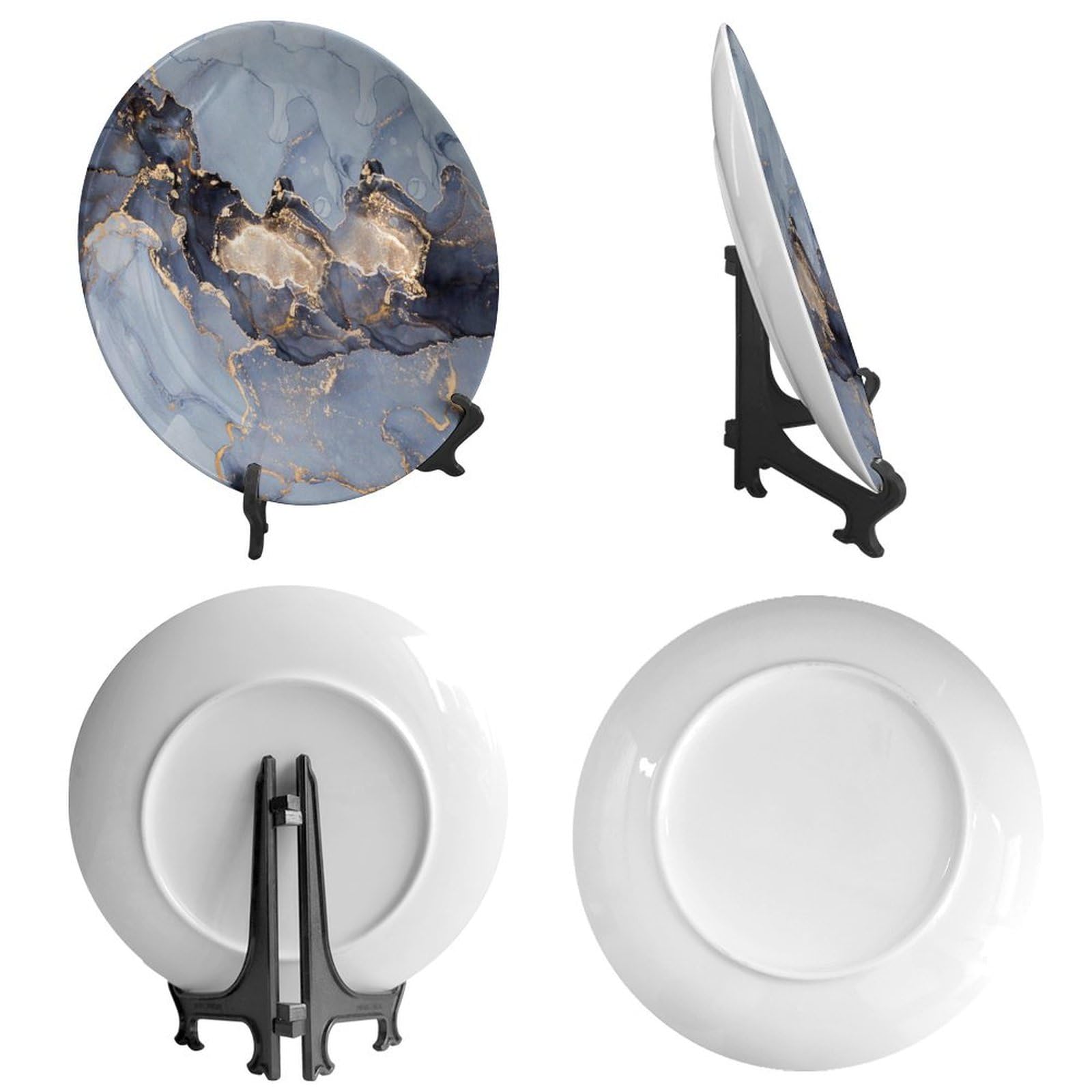 Platos decorativos de cerámica de mármol, 20,3 cm, placa redonda de mármol azul y gris, platos decorativos con soporte, para decoración de sala de estar, cocina, armario, mesa