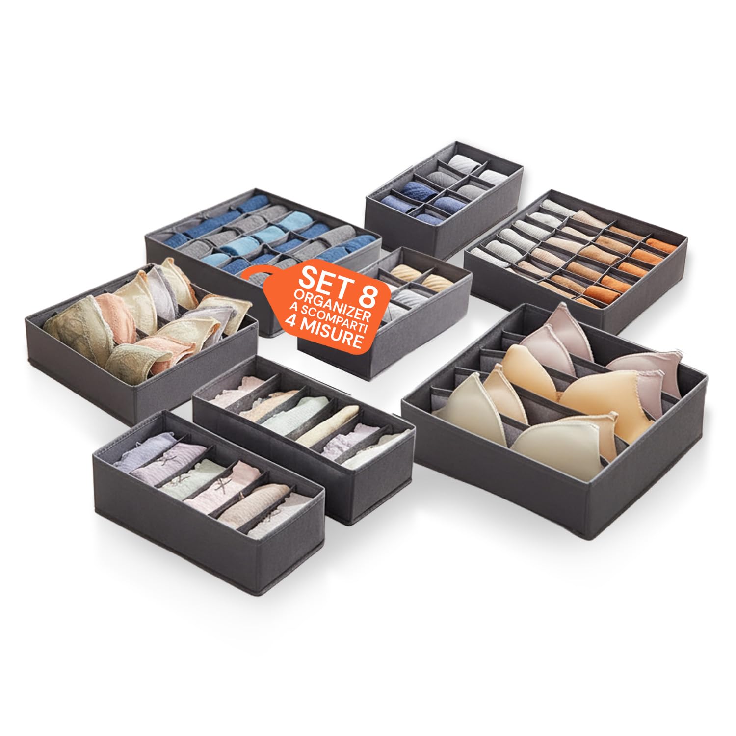 Avilia Set of 8 Multi-Size Folding Storage Drawers in TNT with Rigid Structure for Wardrobe and Drawers, Ideal for Underwear and Accessories with Multiple Compartments
