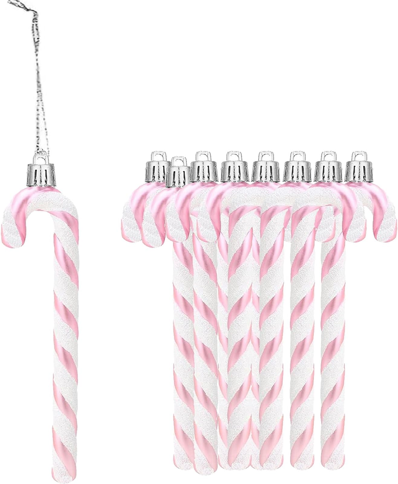 12Pcs Glitter Candy Cane Christmas Tree Decorations Christmas Plastic Candy Cane Xmas Tree Hanging Ornament for Holiday Party Decoration Favor (Pink and White)