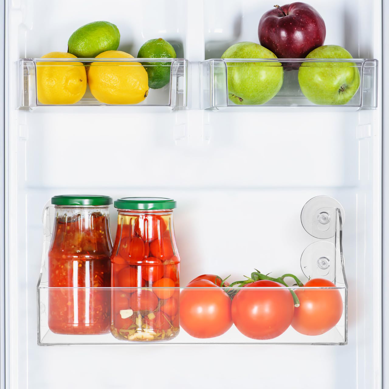 Organizador de estante para refrigerador con ventosa, estante de almacenamiento de acrílico transparente para refrigerador para refrigerador para contener especias, tarro de aceite de oliva 2
