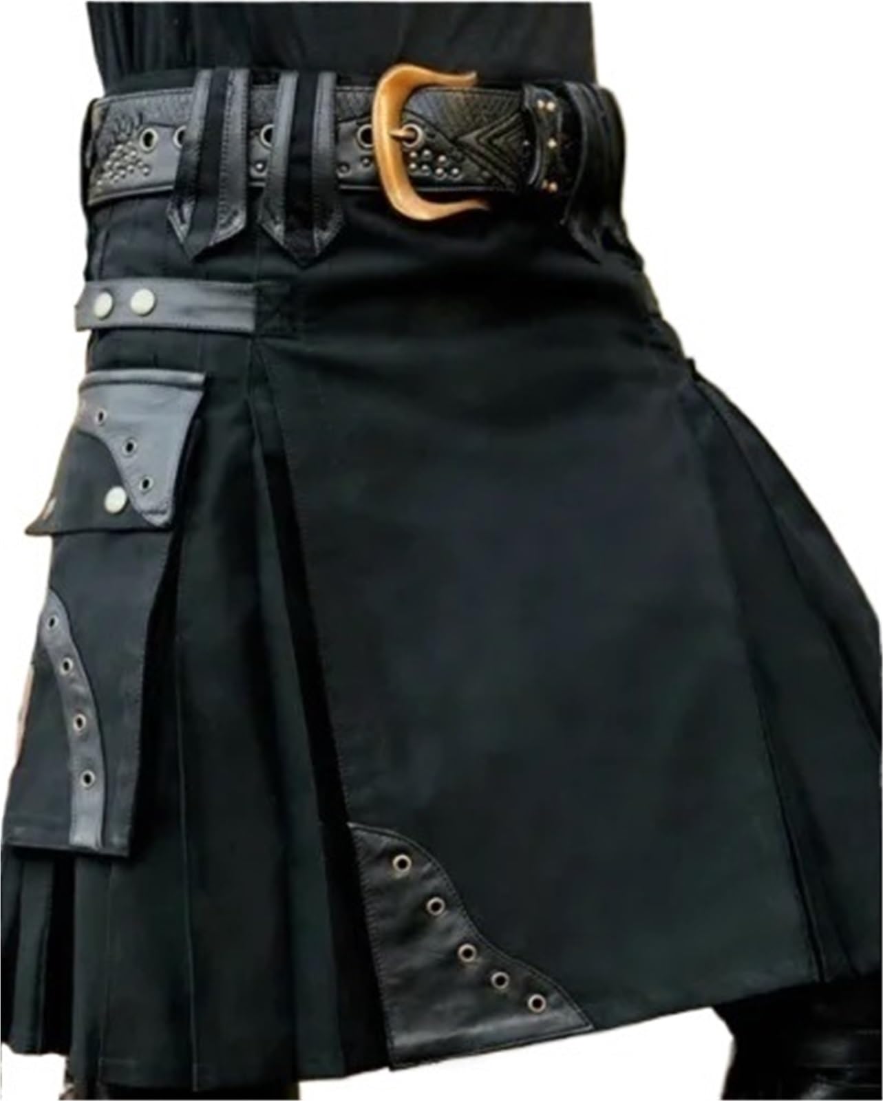 Schottenrock Herren Echt Schwarz & Rot Leder Gladiator Kilt mit flachen Frontplatten Scottish Kilts Utility(XXXL)