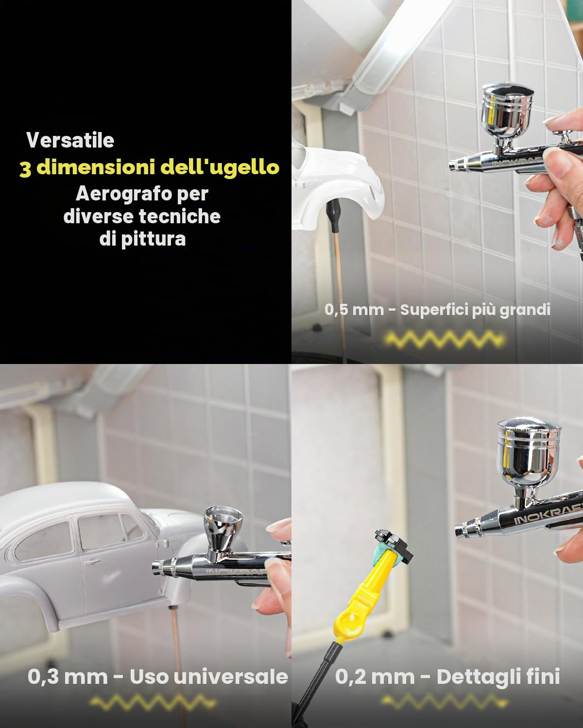 InoKraft Kit aerografo con compressore 1/6 HP silenzioso, pistola aerografo, 3 ugelli (0,2, 0,3 & 0,5 mm) tubo, supporto e istruzioni, aerografo per pittura modello, regalo per bambini 4 colori
