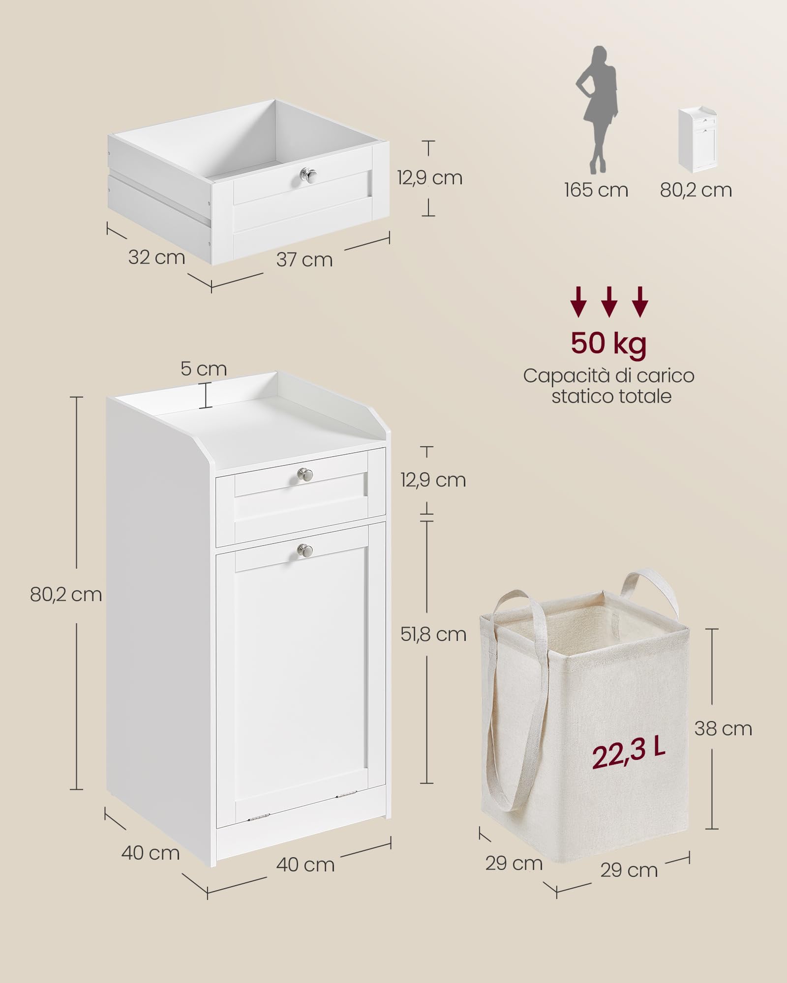 VASAGLE Mobile Portabiancheria per Bagno, Mobiletto Bagno con 1 Cassetto e 1 Cesto Portabiancheria, Sacco Interno Rimovibile con Maniglie, 40 x 40 x 80,2 cm, Bianco Nuvola BBC741W01