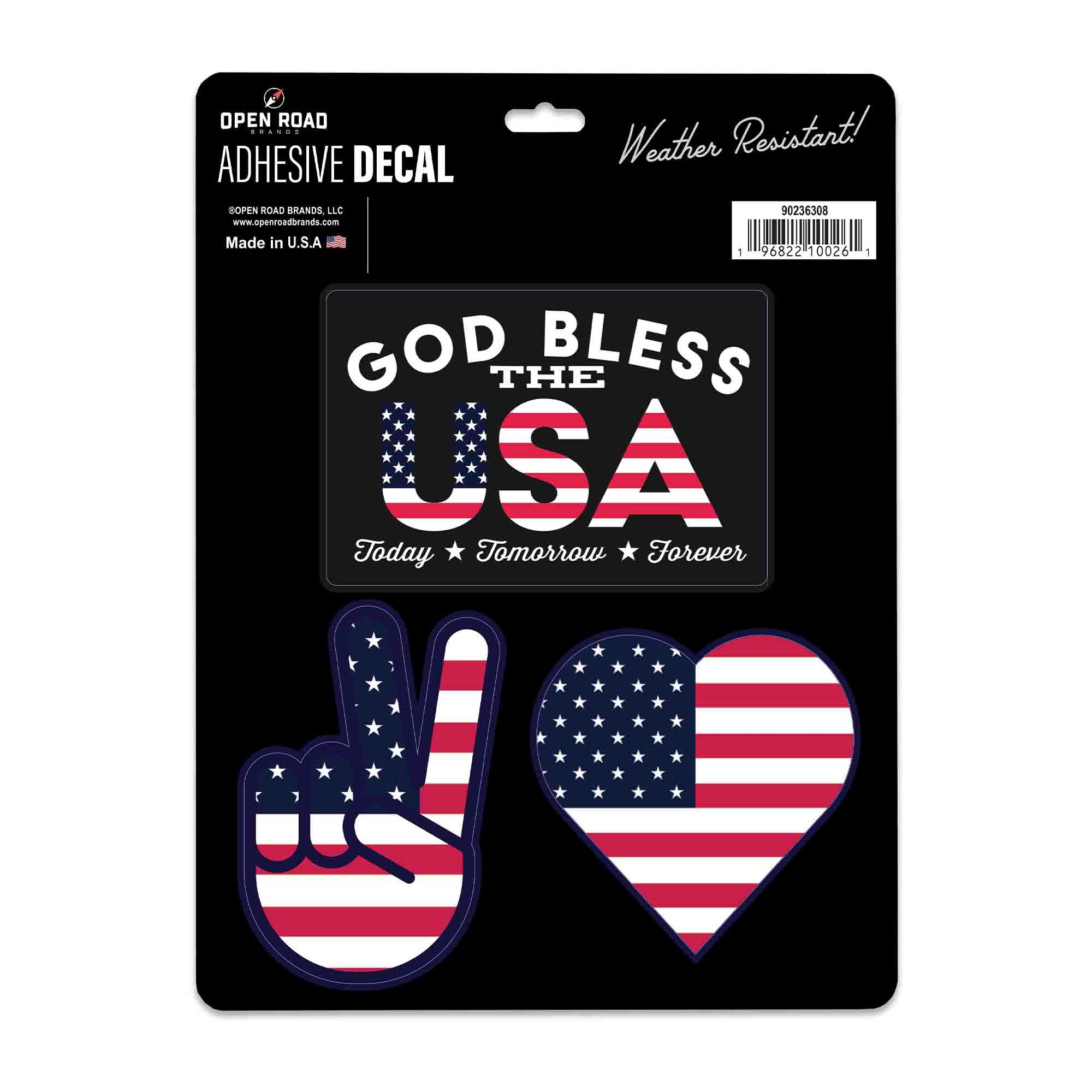 USA Adhesive Vinyl Decals - Fun Set of Patriotic American Flag Stickers for Car, Window, or Laptop, 1 Pack (3 Count)