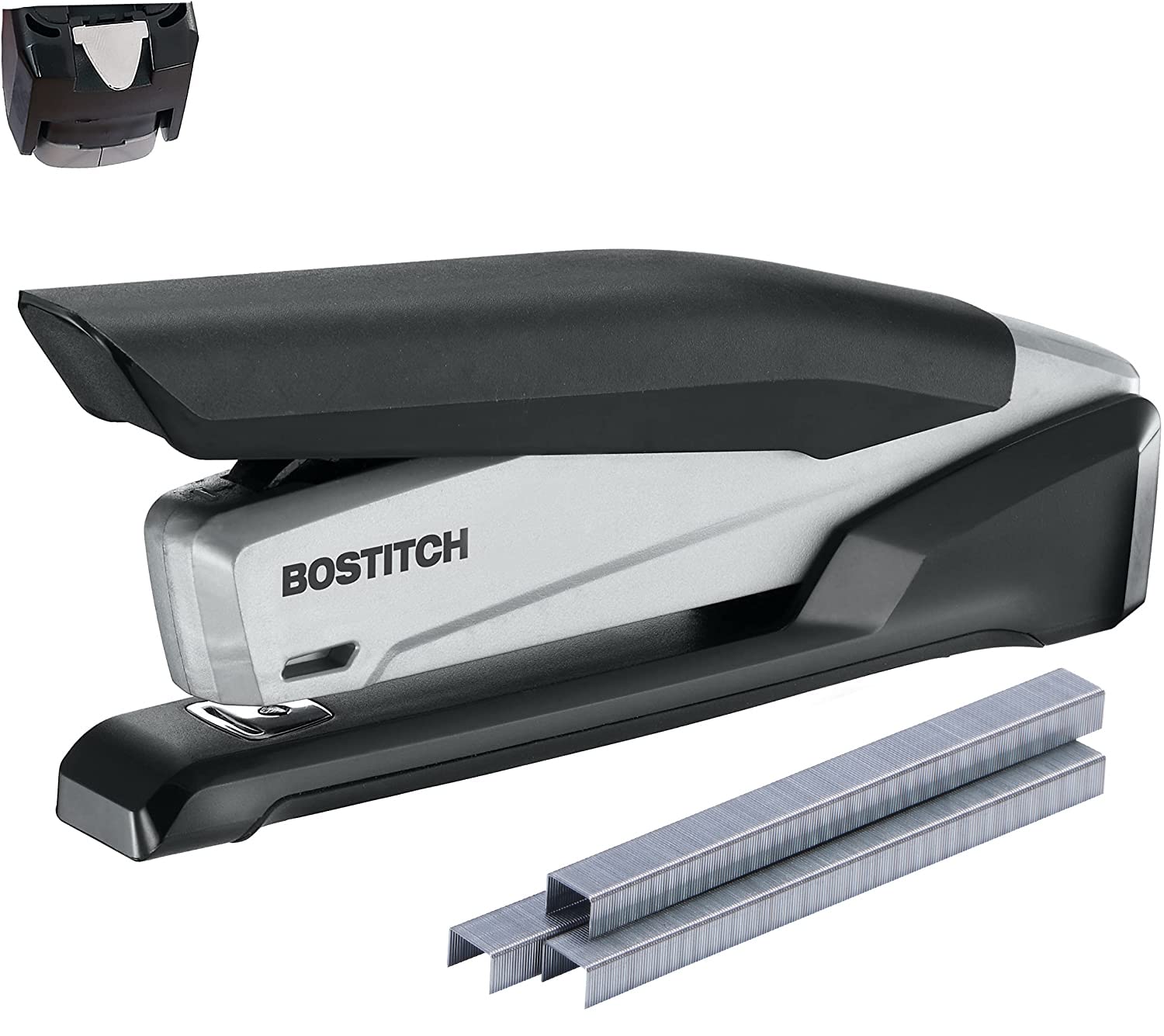 Bostitch Office Executive 3 in 1 Stapler, Includes 210 Staples and Integrated Staple Remover, One Finger Stapling, No Effort, 20 Sheet Capacity, Spring Powered Stapler, Black/Gray (INP20) Bostitch Office Executive 3 in 1 Stapler, Includes 210 Staples and Integrated Staple Remover, One Finger Stapling, No Effort, 20 Sheet Capacity, Spring Powered Stapler, Black/Gray (INP20)