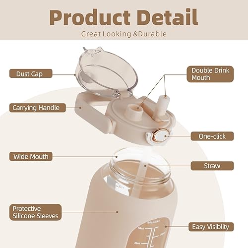Miniatura 10 de SIEROZUR Botella de agua de vidrio de 74 onzas con pajilla, botella de agua motivacional de 2.2 litros con asa y marcador de tiempo, jarra de agua