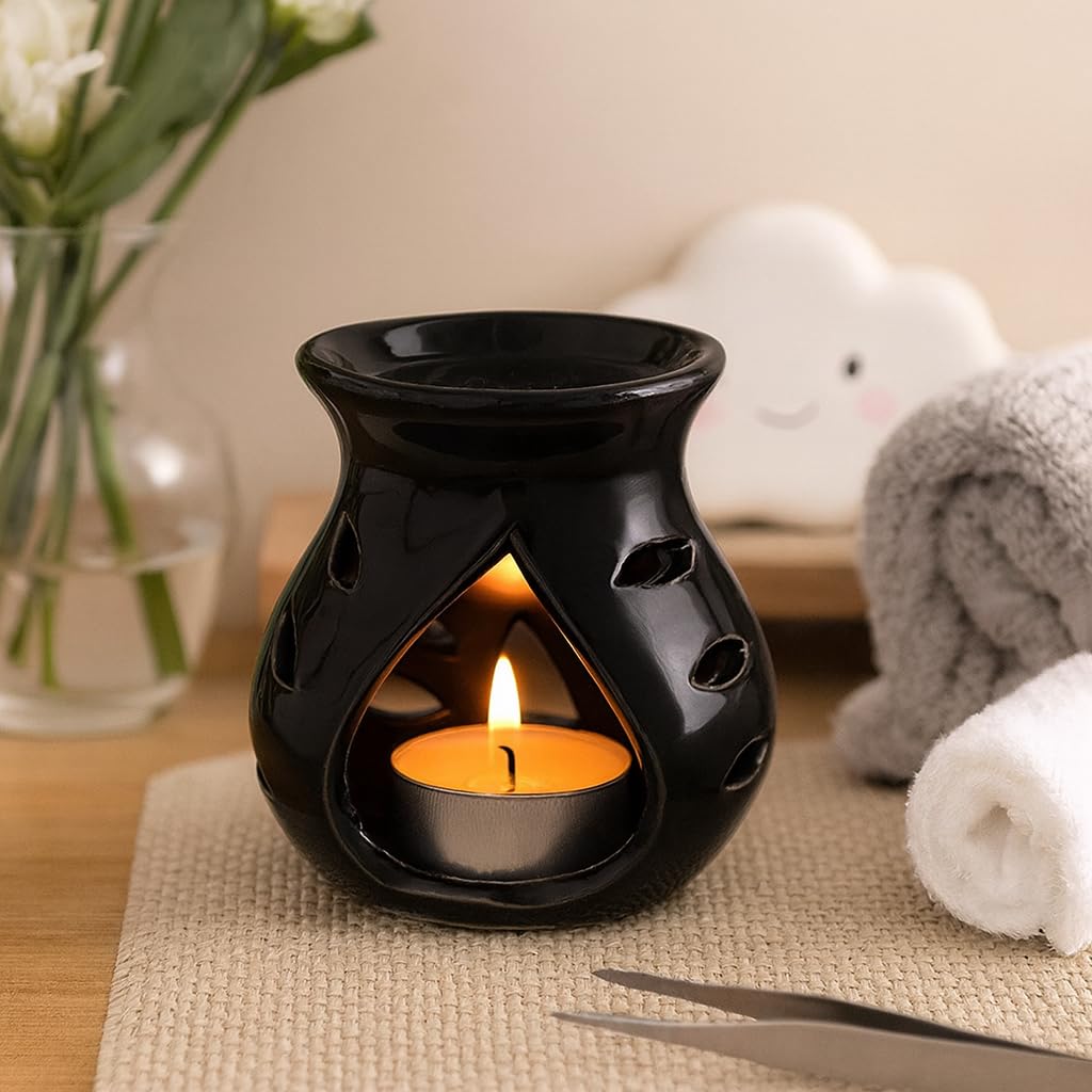 Pure Source India Ceramic Essential Oil Burner Wax Melt Burners |Aromatherapy| Ceramic Oil Diffuser| Candle Tealight Holder (Set of 1) Home Bedroom Decor Christmas Housewarming Gift, Black
