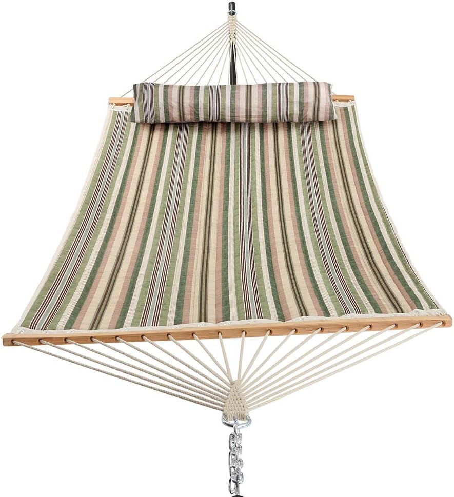 Patio Watcher 11 Feet Quilted Fabric Hammock with Pillow, Double Hammock with Bamboo Wood Spreader Bars, Perfect for Outdoor Patio Yard, Green Stripes