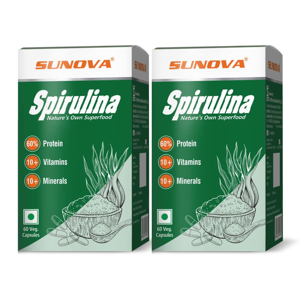 SUNOVA Spirulina Capsules – Nature’s Own Superfood and Nutritional Supplement,Spirulina for Full Body Support – 60 Capsules (Pack of 2)