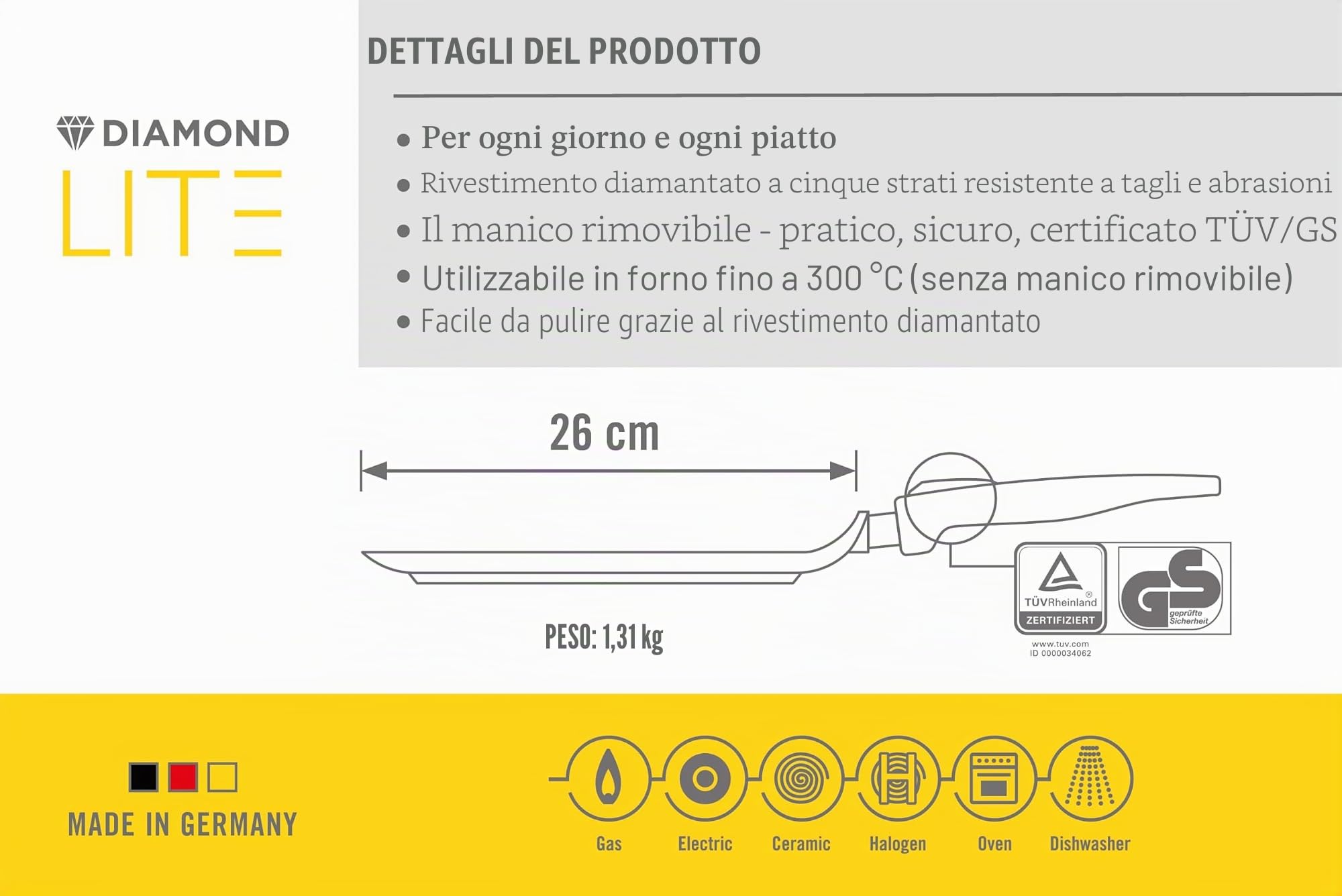 Woll – Padella Diamond Lite Ø 26 cm con Manico Rimovibile – Padella Antiaderente in Alluminio pressofuso Resistente al Forno, Adatta per vetroceramica, Gas, elettrica e alogena