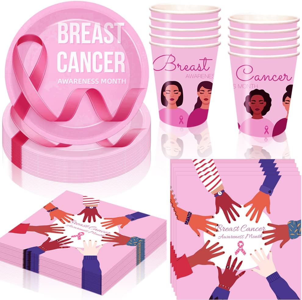 Yizeda Breast Cancer Awareness Party Supplies Breast Cancer Party Favors Tableware Includes Cups Plates Napkins for Breast Cancer Party Decoration