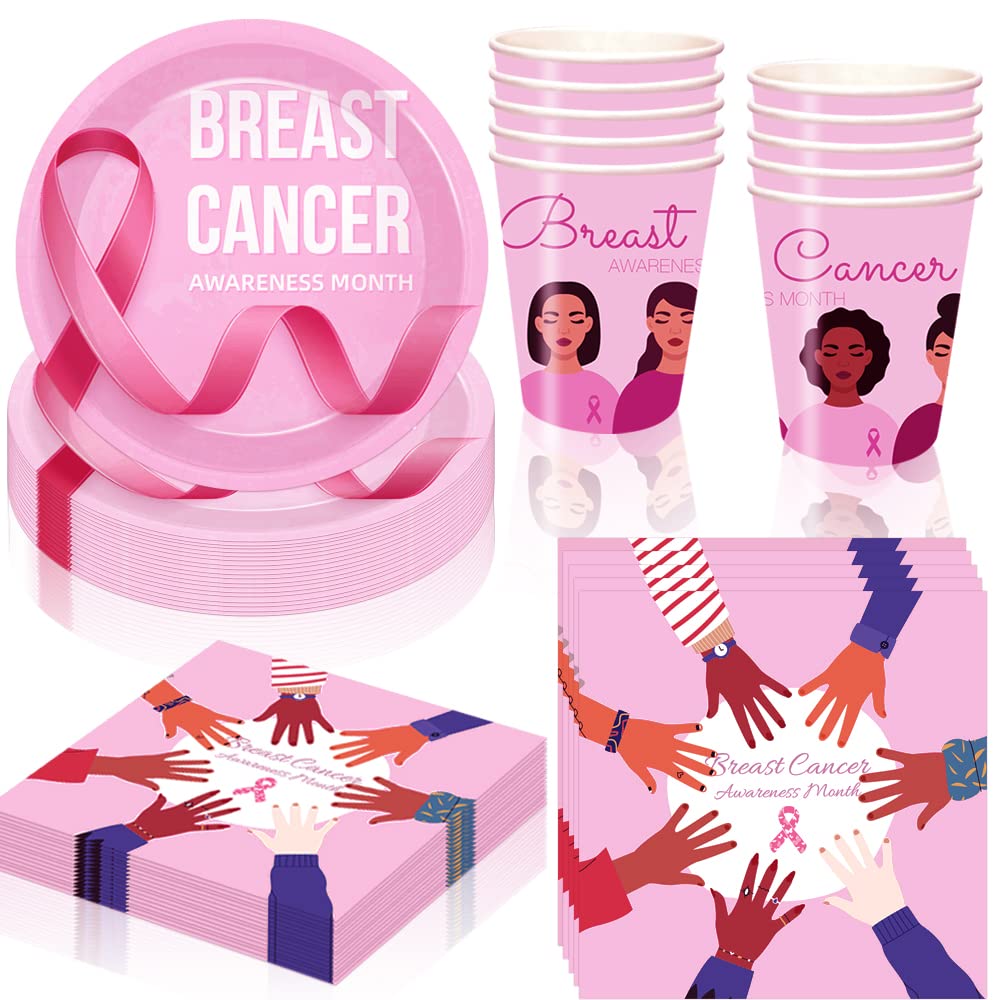 Yizeda Breast Cancer Awareness Party Supplies Breast Cancer Party Favors Tableware Includes Cups Plates Napkins for Breast Cancer Party Decoration