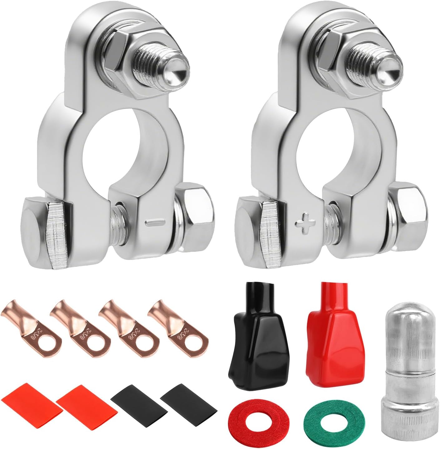 Battery Terminal Connectors Kit, Including Heavy Duty Battery Terminals 2 Gauge 3/8" Copper Lugs Heatshrink Tubes Covers & Washers for Auto Marine RV