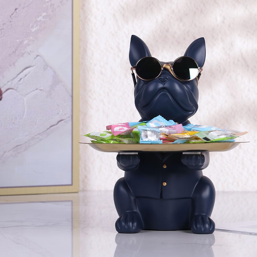 Bandeja de Resina Azul Marino con Estatua de Bulldog para Decoración del Hogar, Banco de Ahorro, Bandeja para Llaves, Almacenamiento, Soporte para Caramelos, Joyas, Pendientes, Adecuada para