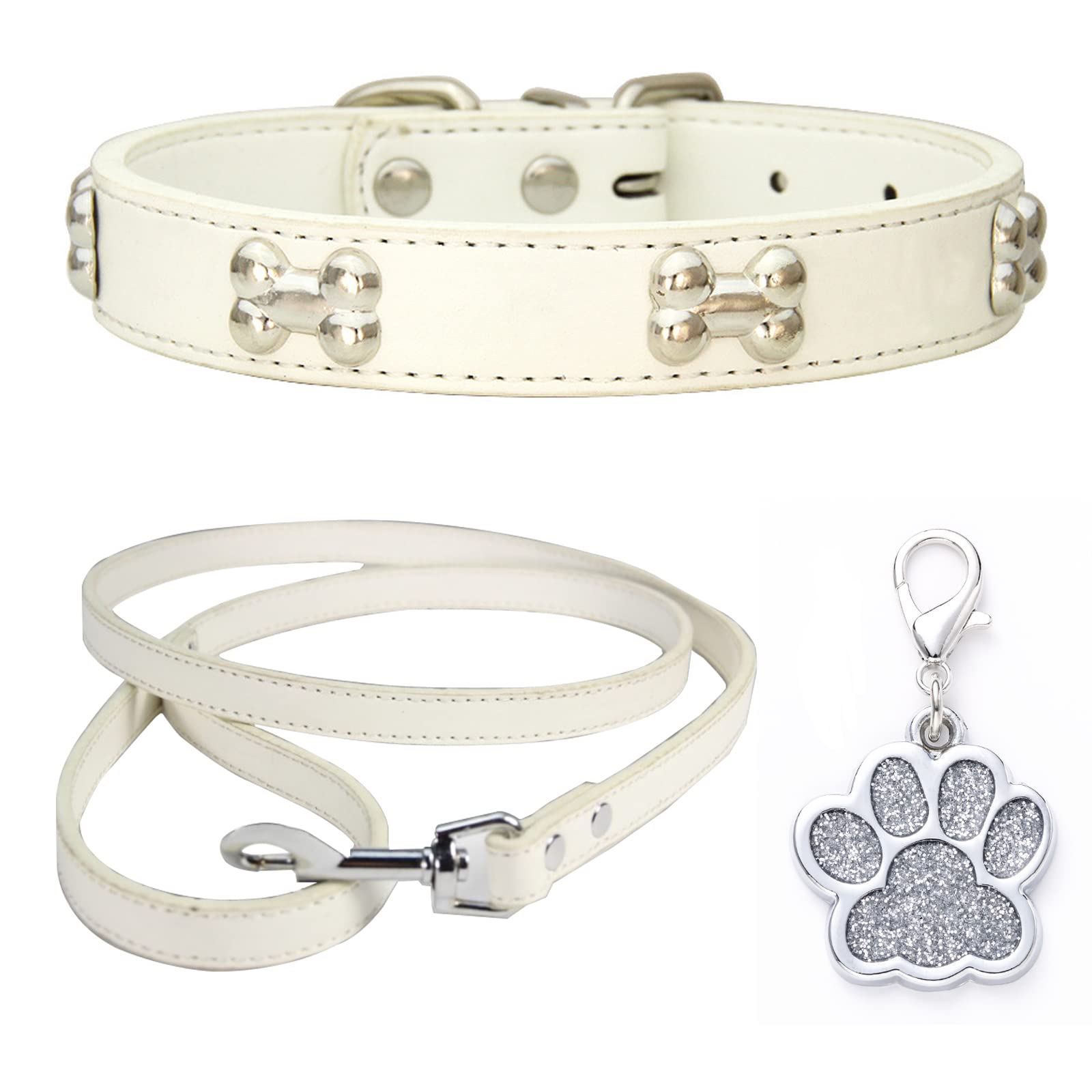 Collar Perro Cuero Correa de Perro Combo Set Collares de Perro Collar Cachorro Ajustable para Perros Medianos Pequeños Gatos Blanco XS