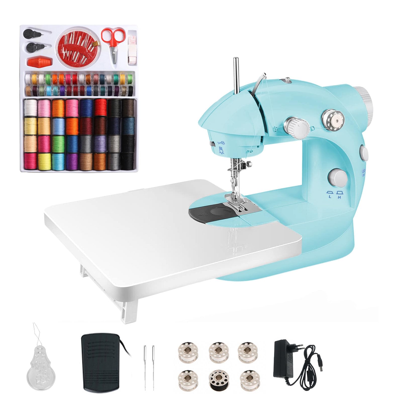 Machine à coudre électronique, mini machine à coudre double fil 2 vitesses avec pédale pour vêtements, rideaux, artisanat avec 99 accessoires de couture et table d'extension