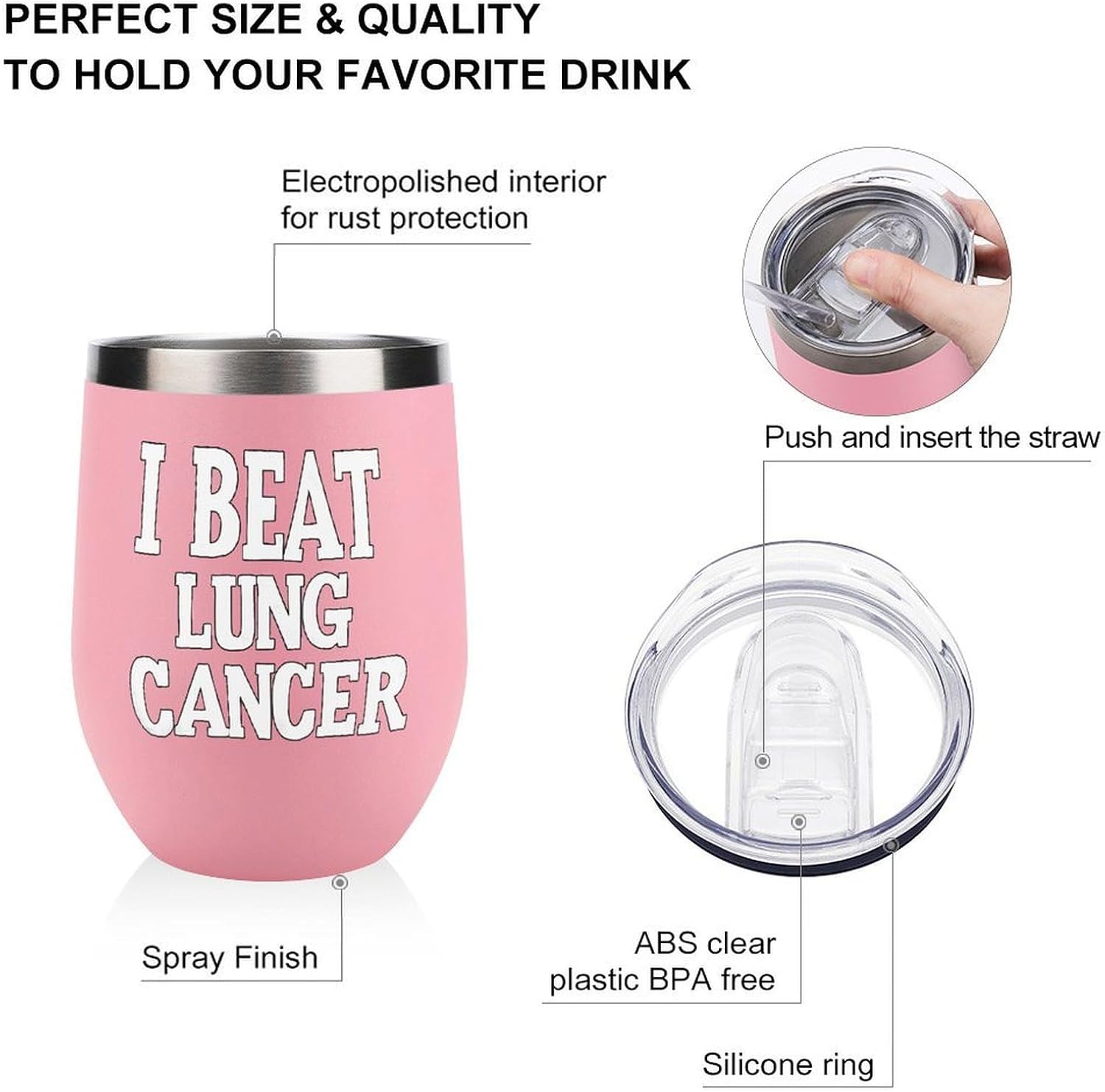 I Beat Lung Cancer Insulated Drinking Cup Stainless Steel Coffee Mug Wine Tumbler with Lid 12OZ