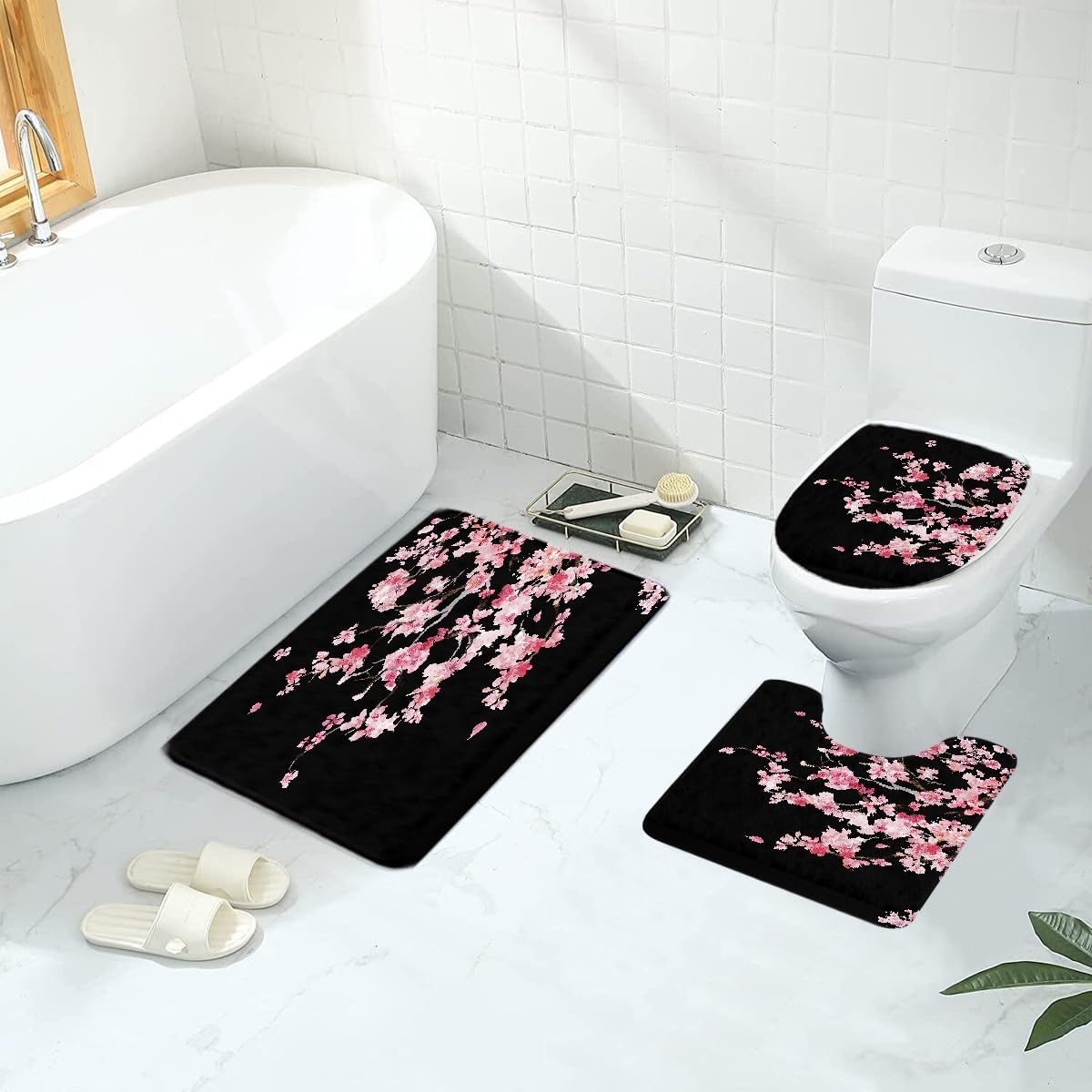 4 Pcs Pink Cherry Blossom Shower Curtain Set 60x72 Inch Black Floral Sakura Tree Gothic Style Japanese Anime Bathroom Decor with Non-Slip Rug Toilet Lid Cover U Shaped Mat and 12 Hooks