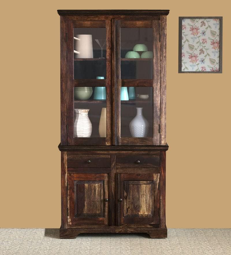 Image of Solid Sheesham Wood Imperial Storage Cabinet|Wooden Display Unit for Kitchen |Wooden Bookshelf with Drawers for Living Room(Warm)