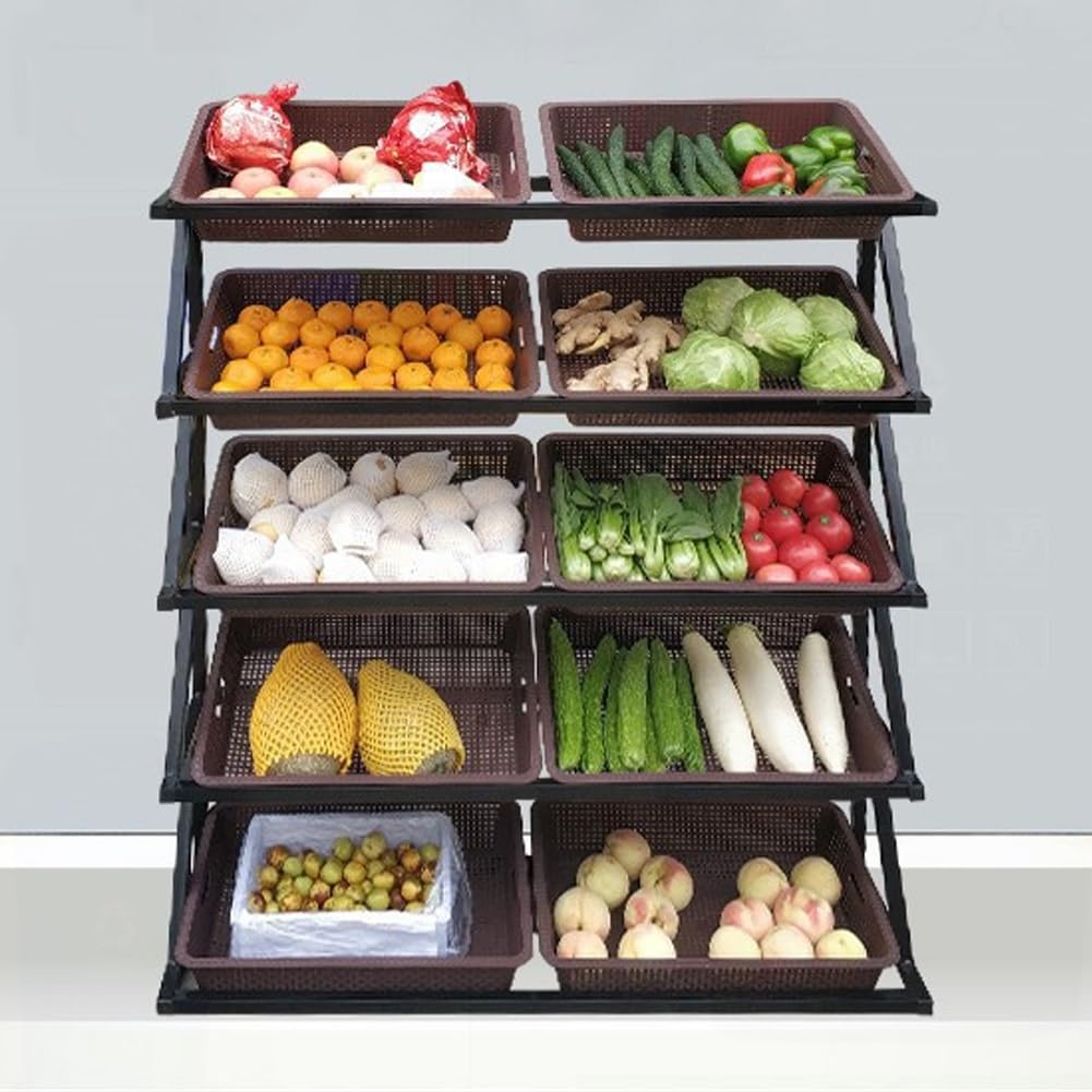 4/5 Stufe Küchenregal Obst Gemüse Organisationsständer Convenience Store Display Stand Korbregal für den Einzelhandel für Zwiebel Kartoffel(Brown,5 Frame)