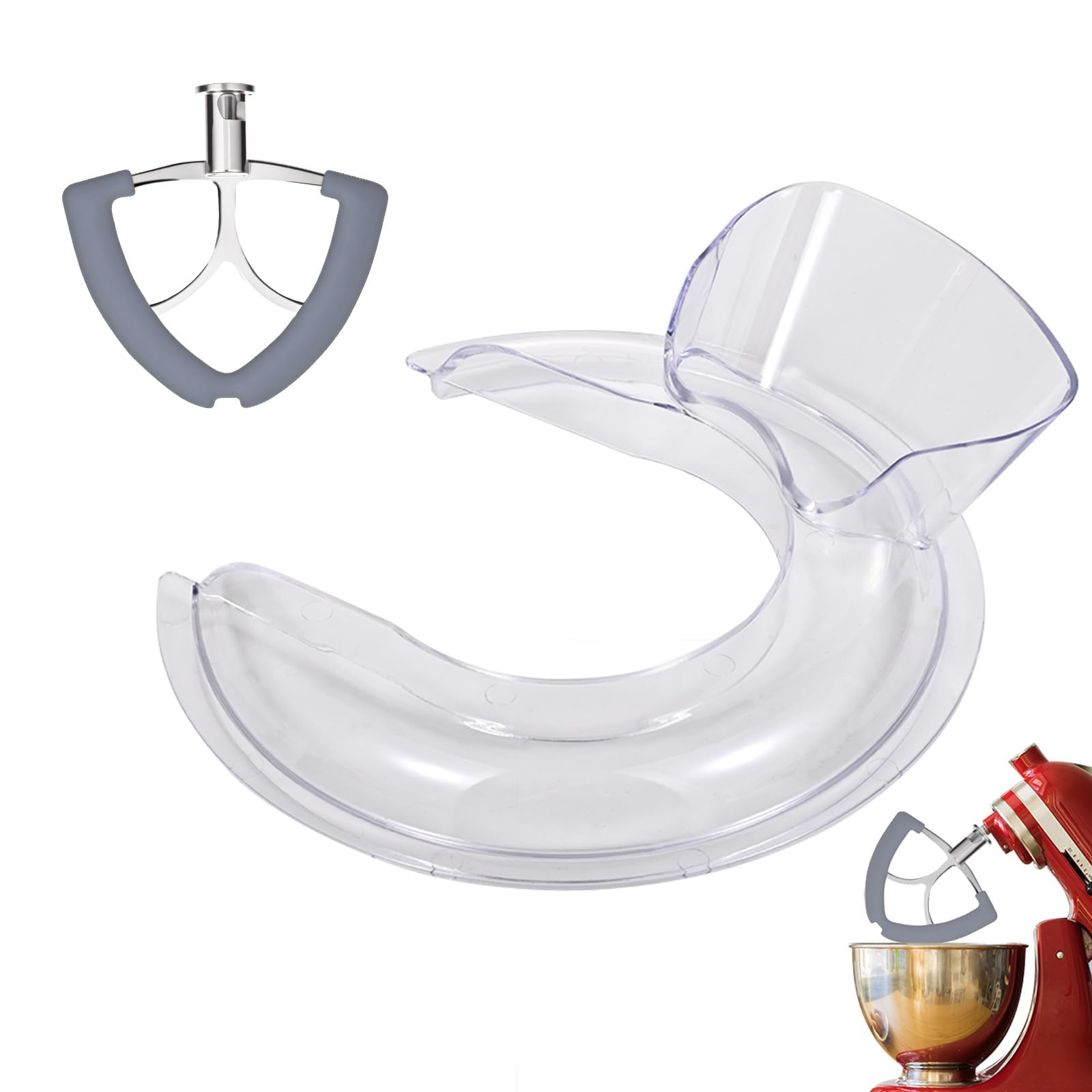 Flex Edge Beater Pouring Shield Compatible with KitchenAid 4.5-5QT Mixer Bowl and Stainless Steel Paddle Compatible with Kitchenaid Mixer for 4.5-5 QT Tilt-Head with Silicone Edge