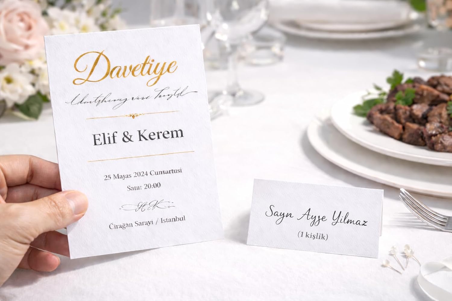 Boş Davetiye ve Yemek Kartı Seti | 300 gr Yerli Bristol 1. Hamur Kalın Karton | 10x15 cm Davetiye (50 Adet) + 5x8 cm Yemek/İsim Kartı (50 Adet) | Düğün, Nişan, Organizasyon İçin.