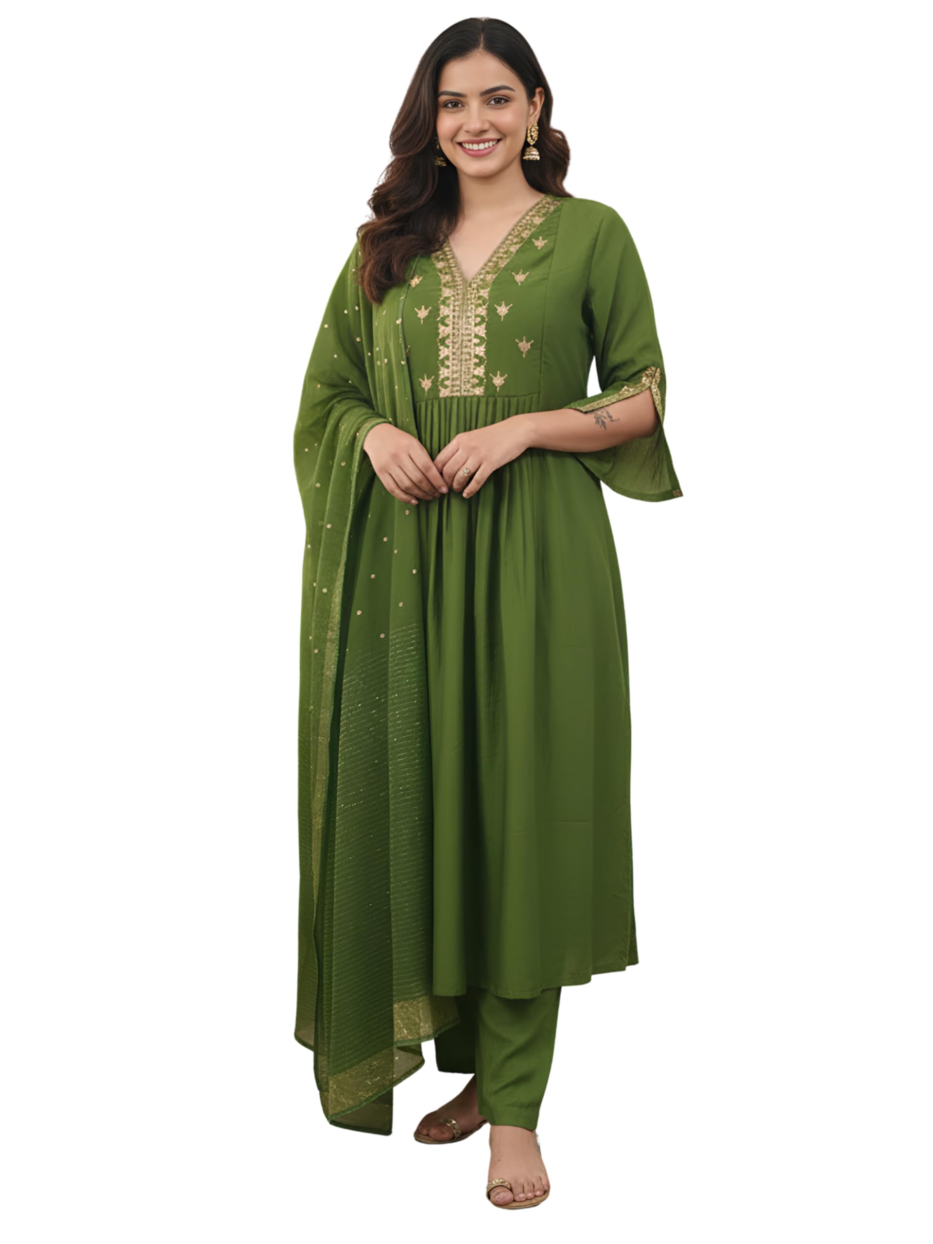 Bonkers Corner Cotton Embroidery Kurta Sets for Woman | V Neck Anarkali Suit Embroidery for Women | Ethnic Kurta Set with Dupatta for Women | Wedding Kurti Set for Woman in neutral