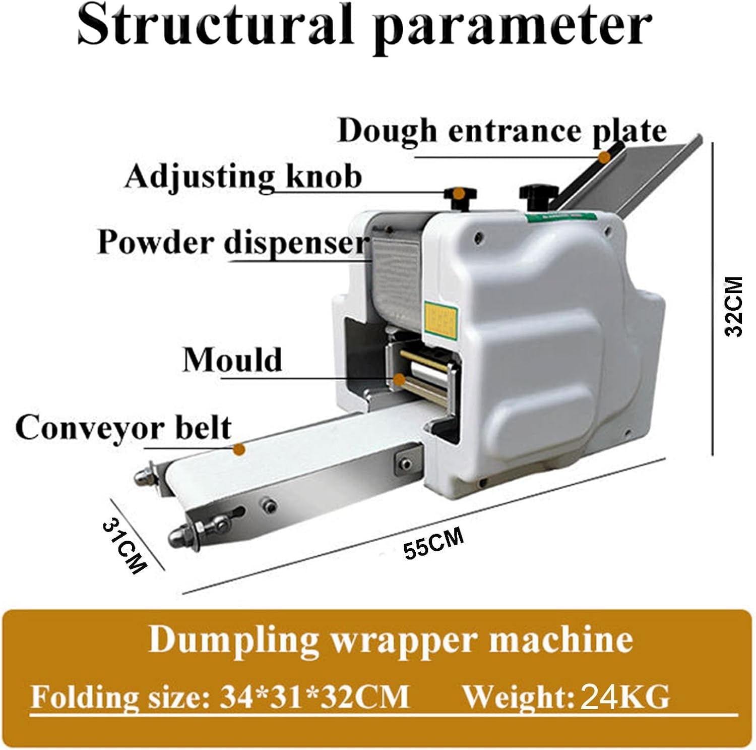 140W Automatic Dumpling Wrapper Machine, Commercial Wonton Skin Machine, 3 Moulds, 60pcs/min, Foldable Conveyor Belt