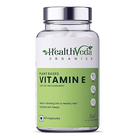 Health Veda Organics Vitamin E, 60 Veg Capsules For Skin And Hair, With Argan & Aloe Vera, Antioxidant Support, Naturally Nourished Skin & Hair For Men & Women