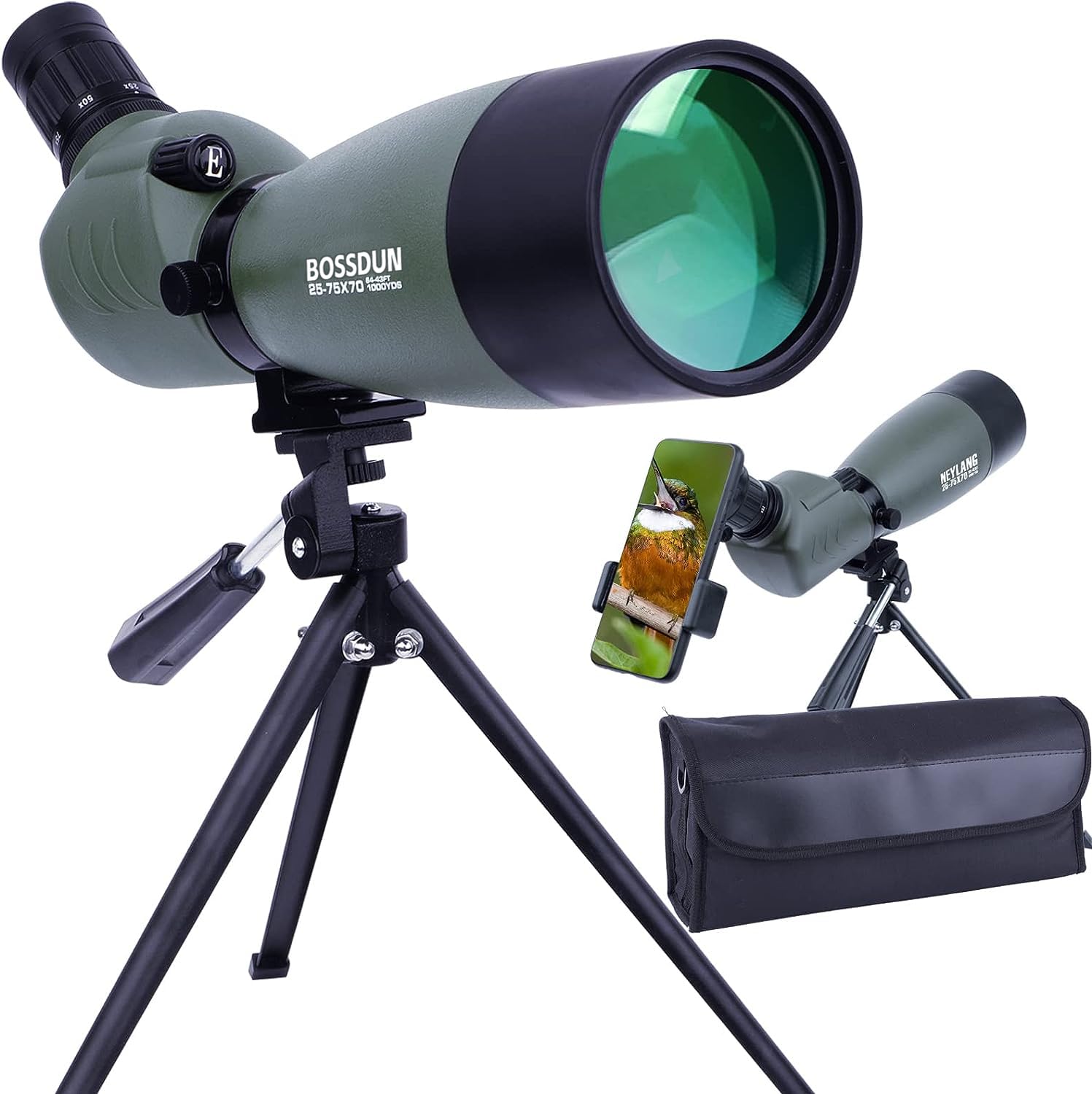 25-75x70 Telescopio Terrestre con Trípode, Bolsa de Transporte y Adaptador de Teléfono Inteligente,para Turismo Safari Observación de Estrellas Tiro con Arco Camping Paisaje de Vida Silvestre