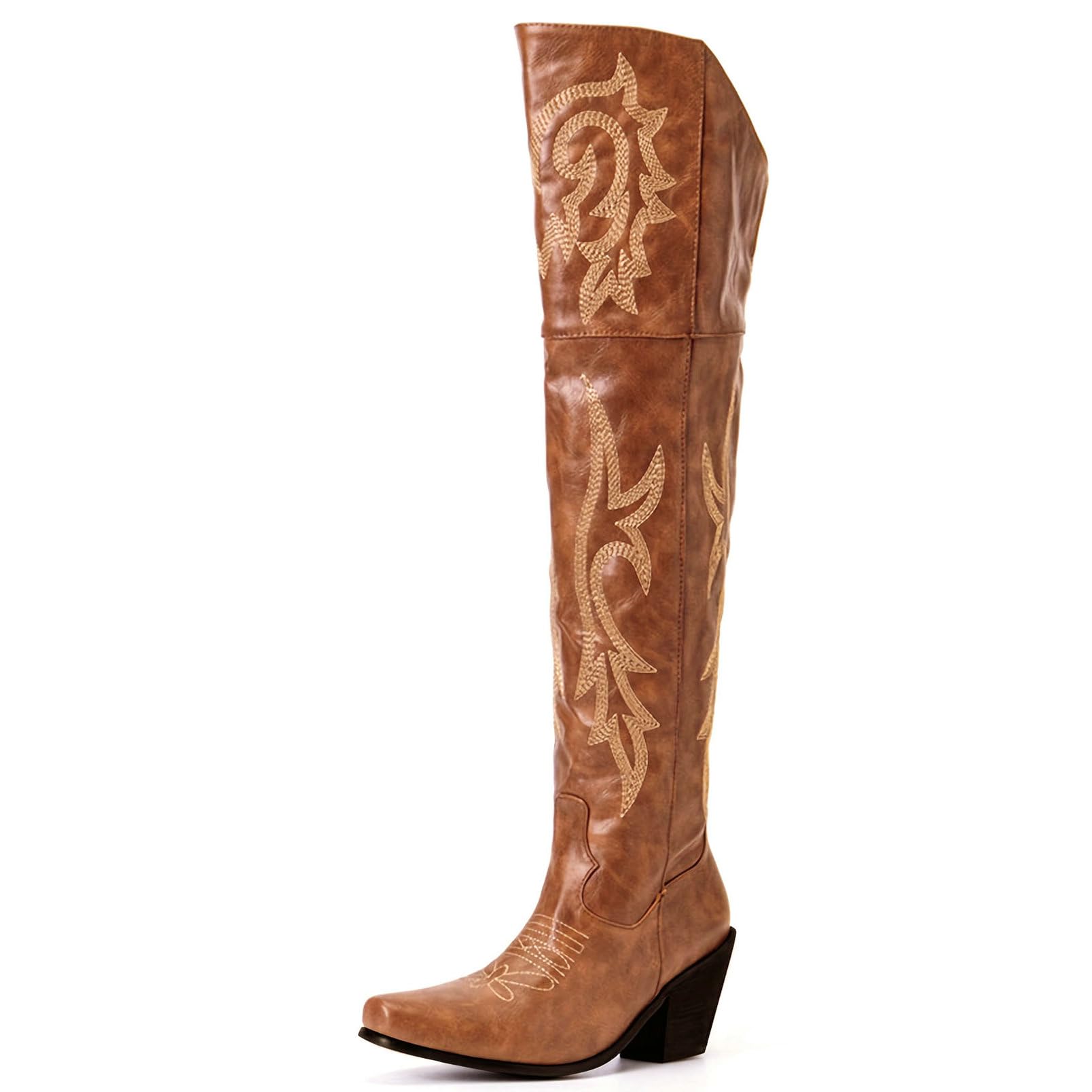 Meefit Womens Embroidered Over-the-Knee Cowboy Boots Snip Toe Thigh-High Western Cowgirl Boots with Zipper Wide Calf Classic Tall