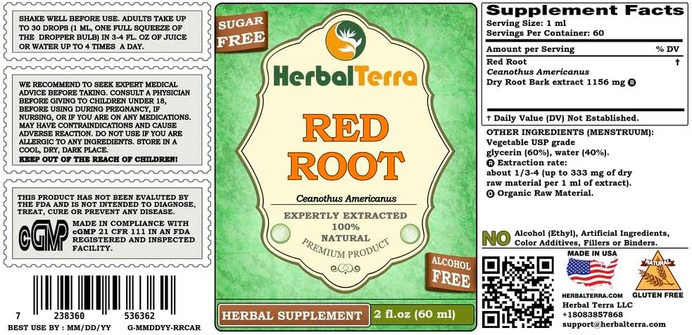 Herbal Terra LLC Red Root (Ceanothus Americanus) Glycerite, Dried Root Bark Alcohol-Free Liquid Extract 2 oz - Image 2