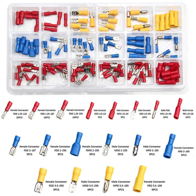 120pcs Insulated Spade Crimp Terminal Female Male Connector for Wire Crimping Quick Butt Cable Terminal Connector 22-10AWG