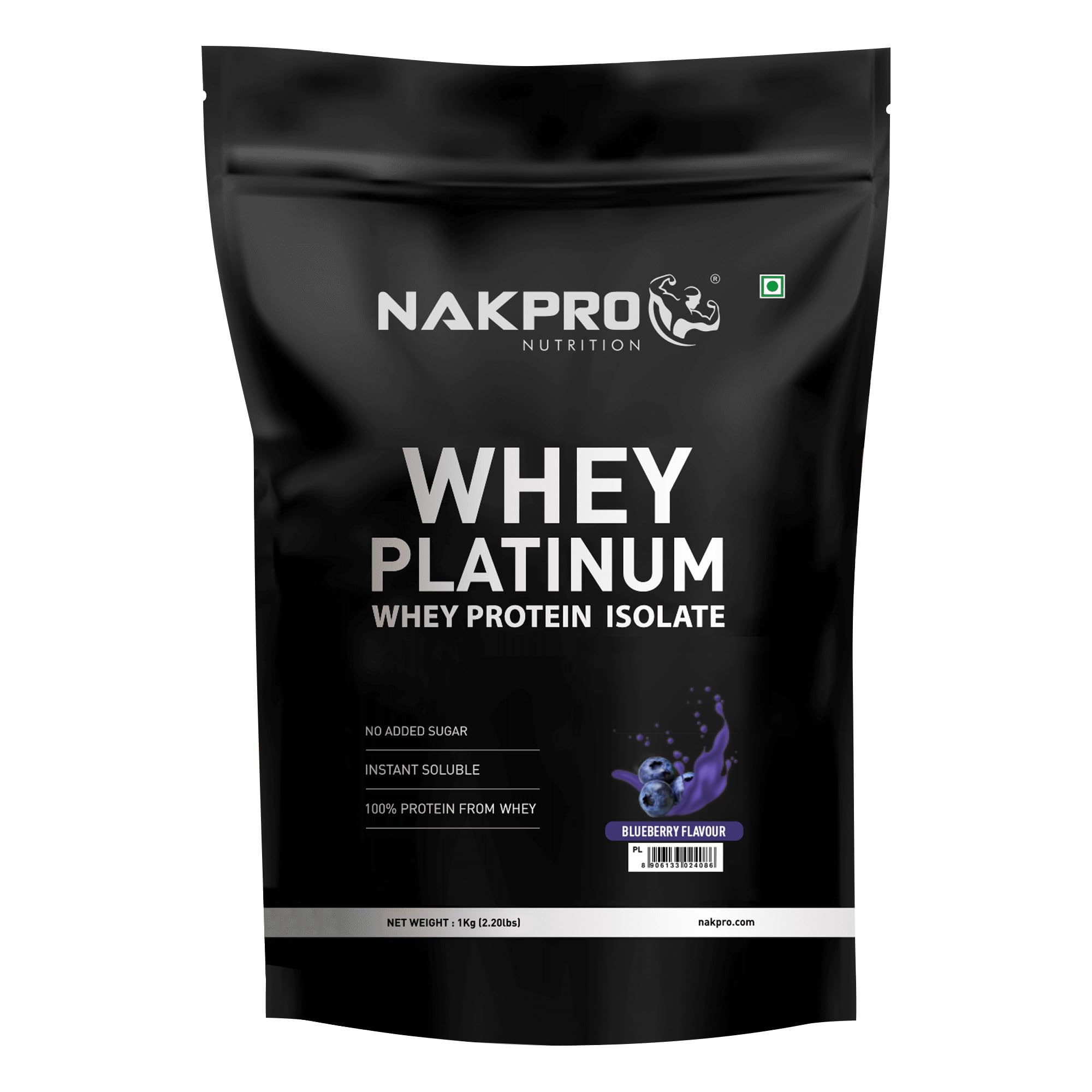 NAKPRO Platinum Whey Protein Isolate 1kg Blueberry | 28g Protein, 6.4g BCAA | Trustified Certified 100% Authentic Supplement Powder & No Adulteration | Low Carbs, Fast Absorbing Whey Protein Powder