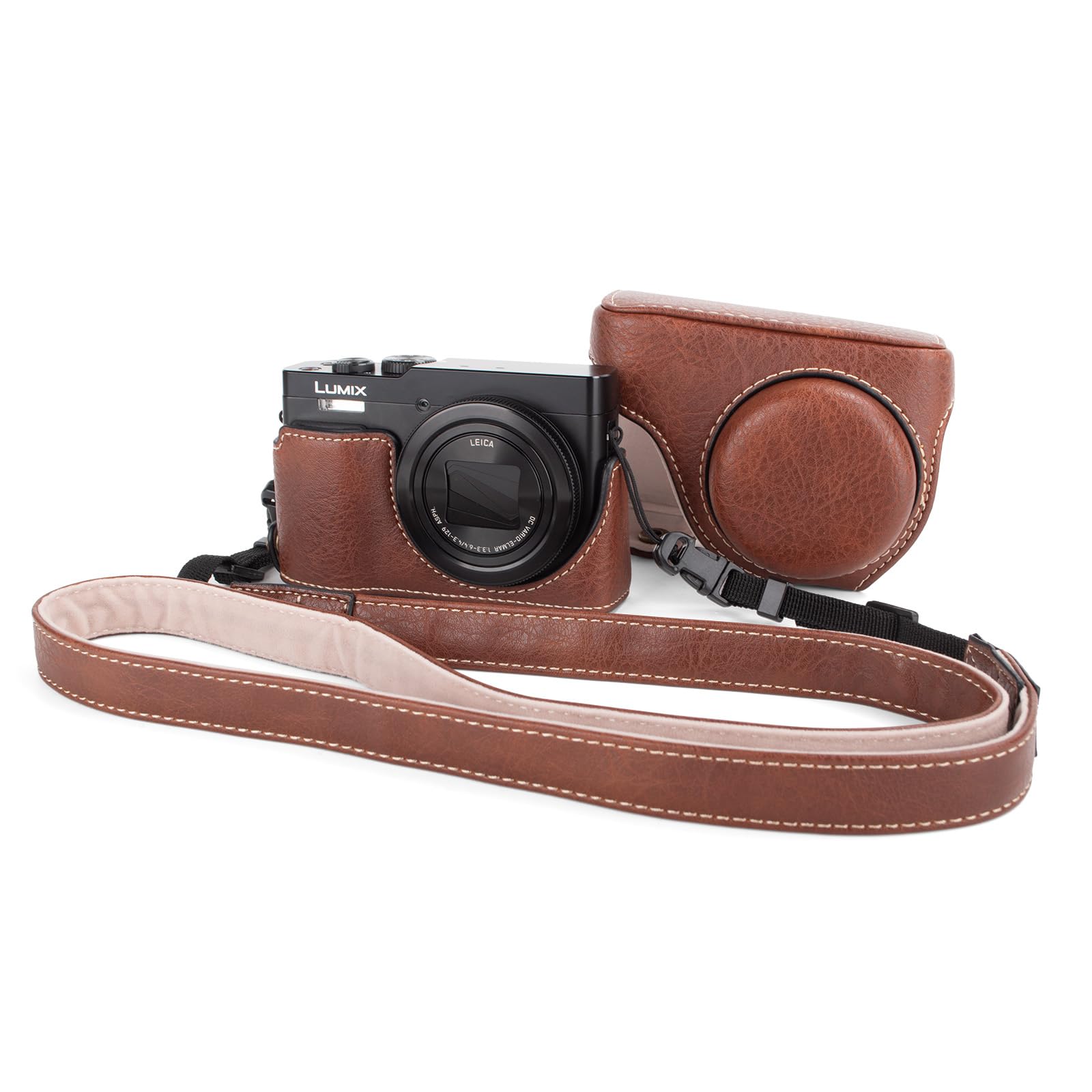 MUZIRI KINOKOO Lumix TZ99 Housse, étui de Protection en Cuir PU pour Appareil Photo numérique Panasonic Lumix DC-TZ99, Sacoche de Transport détachable avec bandoulière réglable - Café