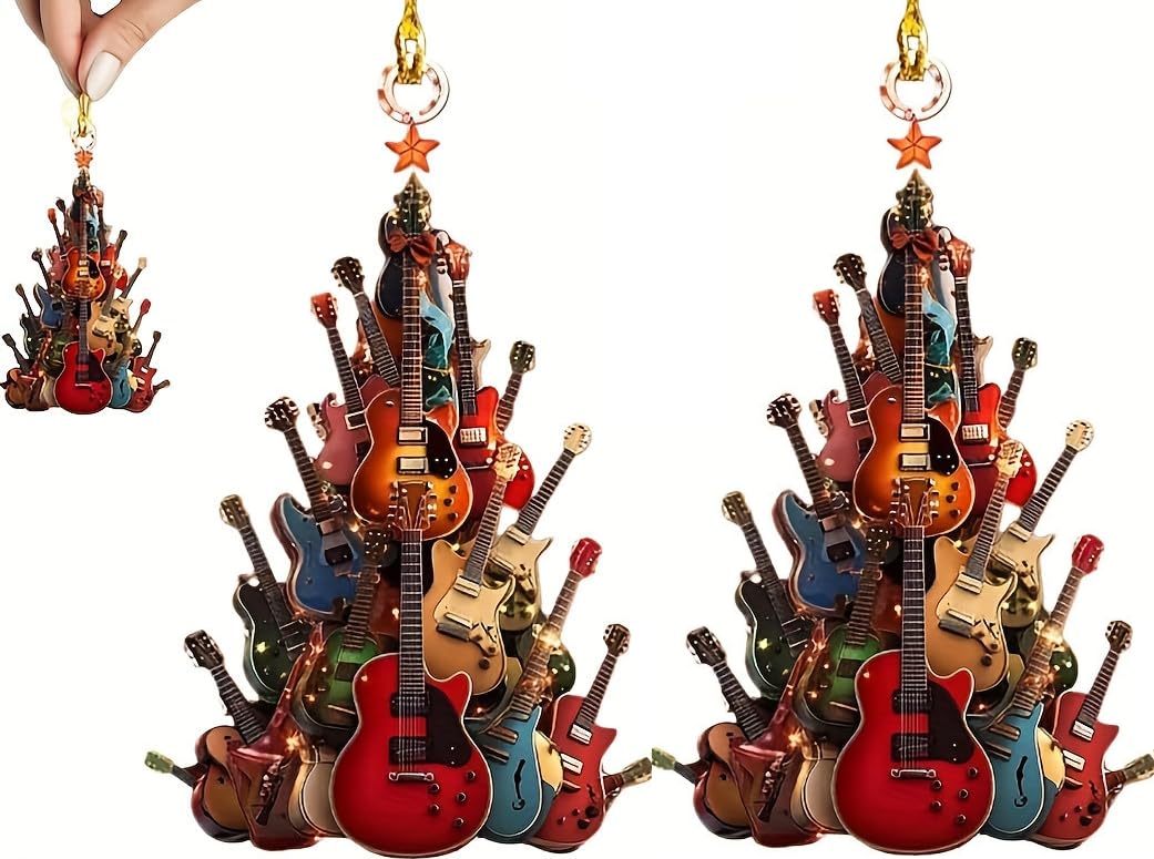 Guitar Christmas Tree Decoration 2PCS Acoustic Rock Around Guitar Ornament,Party Guitar Musical Instrument Ornament For Festive Decor
