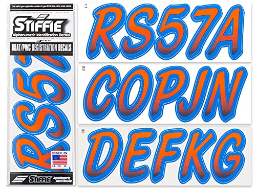 Image of STIFFIE Whipline Orange /Blue 3 inch Boat & PWC Registration Decals • Numbers Letters Stickers