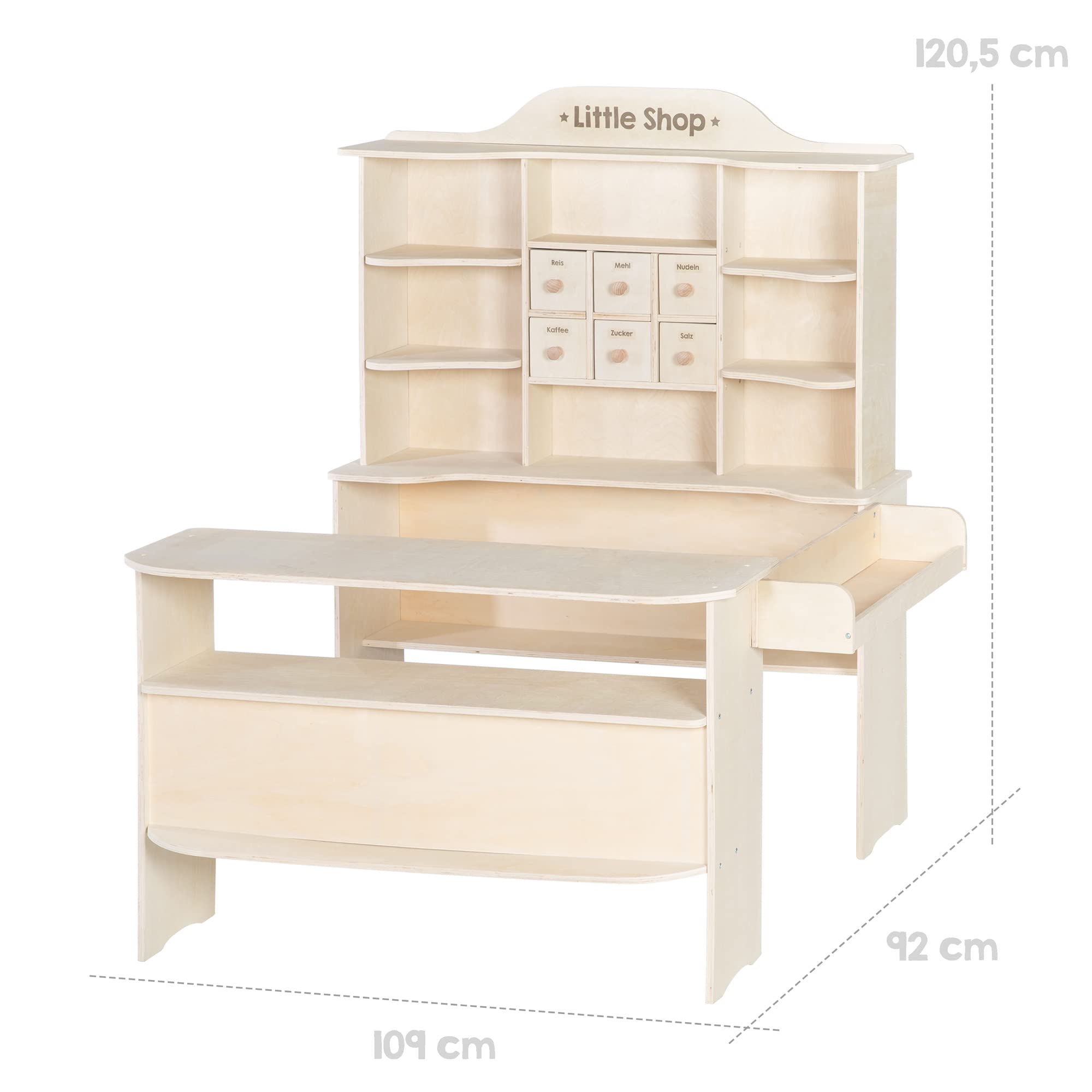 roba Kaufladen, großer Kinder Kaufmannsladen, inkl. Kaufladenzubehör, Holz natur, Verkaufsstand 6 Schubladen, Theke & Seitentheke