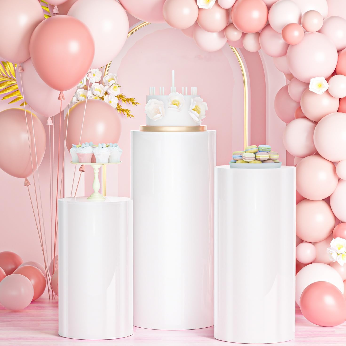 MYSWEETY 3PCS Metal Cylinder Stands for Party, Thickened Stainless Steel Round White Cylinder Pedestal, Sturdy Cake Pedestal Display Plinth Pillars for Parties Birthday Wedding Art Decor