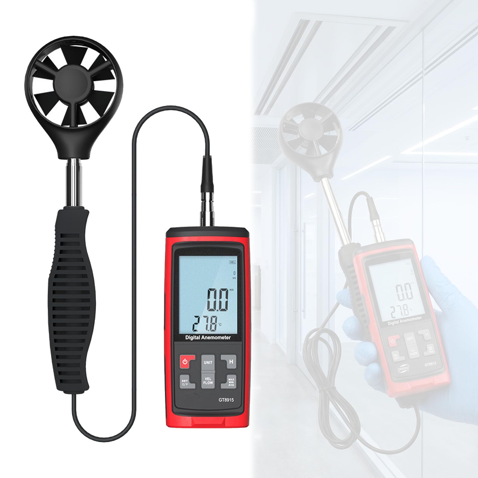 Anemómetro digital, medidor de velocidad del viento de mano con pantalla LCD retroiluminada, rango de 0.3-45m/s, modo máximo/min/promedio, sonda retráctil, para HVAC, industrial