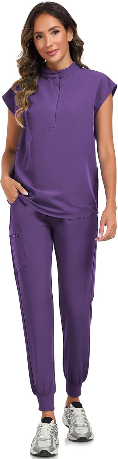 Women's Scrub Top 4 Way Stretch Shirts Zipper Up Work Blouse Short Sleeves Top with Two Pockets - Image 6