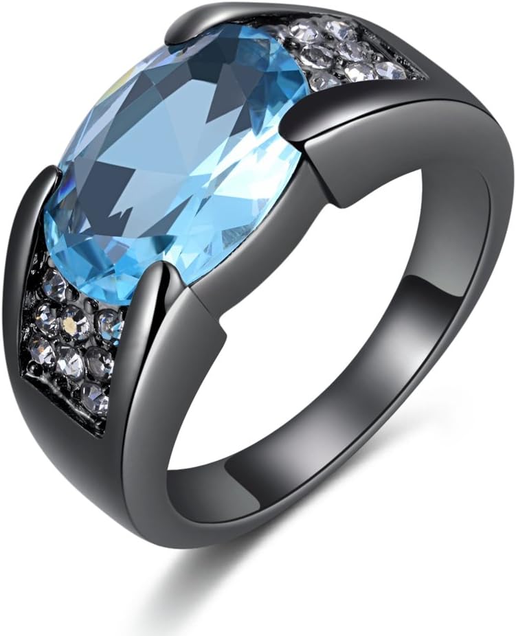 Huanhuan Rings Size 9 Solitaire Oval Cut Blue Aquamarine Vintage and Fashion Comfort Fit Wedding Band Rings for Men and Women with Classic Cubic Zirconia